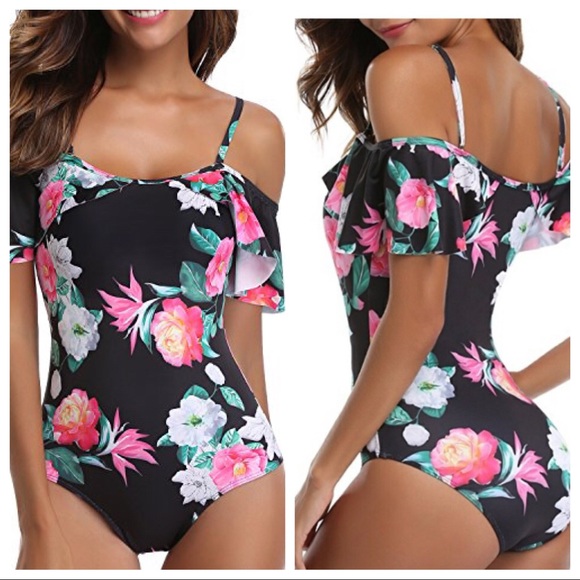 🛍 Black Floral One-piece Swimsuit Off Shoulder - Picture 1 of 8